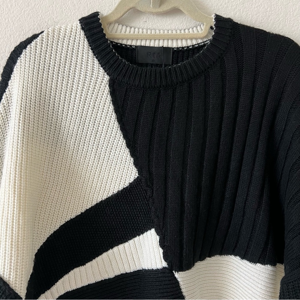 NWT RtA Aimee Wool Blend Geometric Colorblock Knit Sweater Black White Size L - Picture 9 of 16